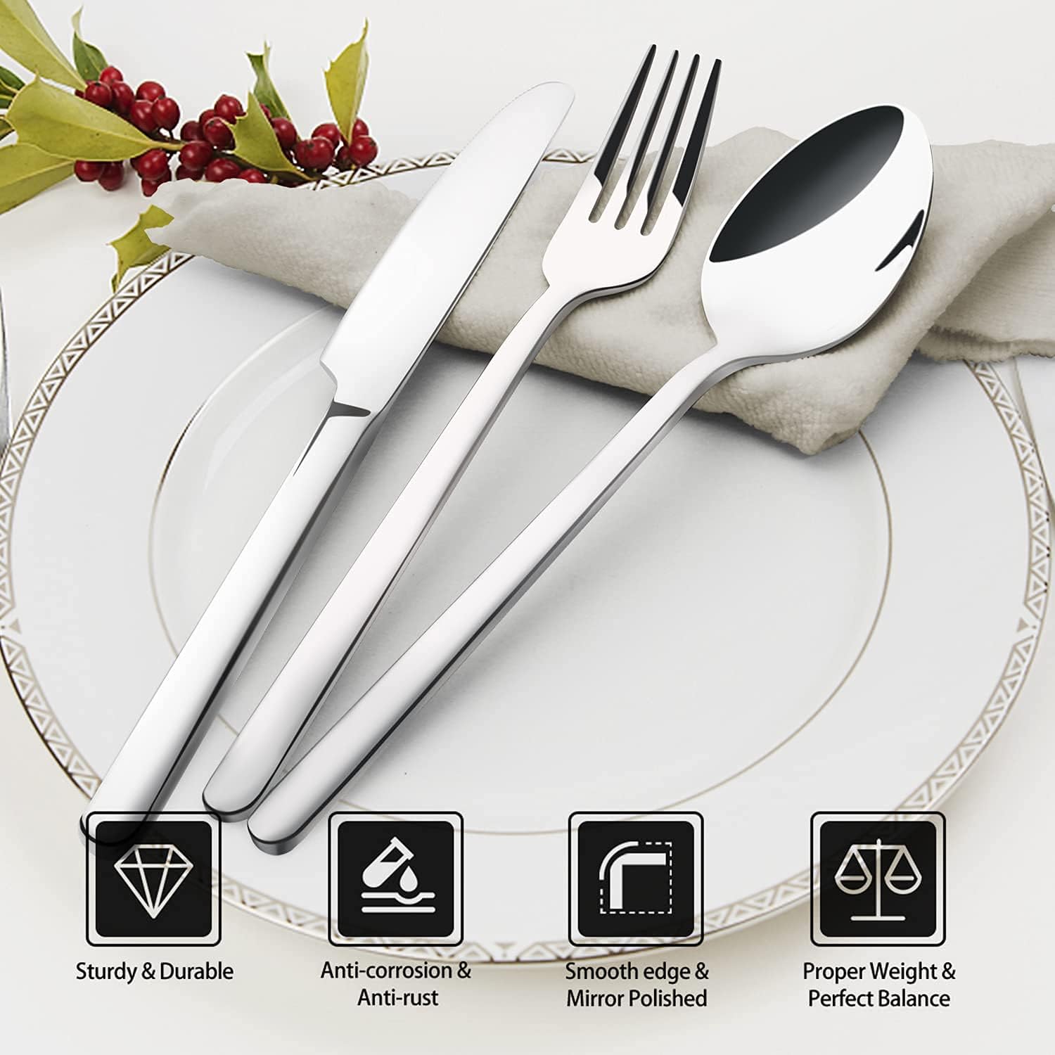 KINGSTONE Silverware Set, 20 Piece Flatware Cutlery Set for 4, 18/10 Stainless Steel Silverware Mirror Polished Dishwasher Safe for Home, Restaurant, Wedding, Party(Silver, 20 pieces for 4) - Image 2
